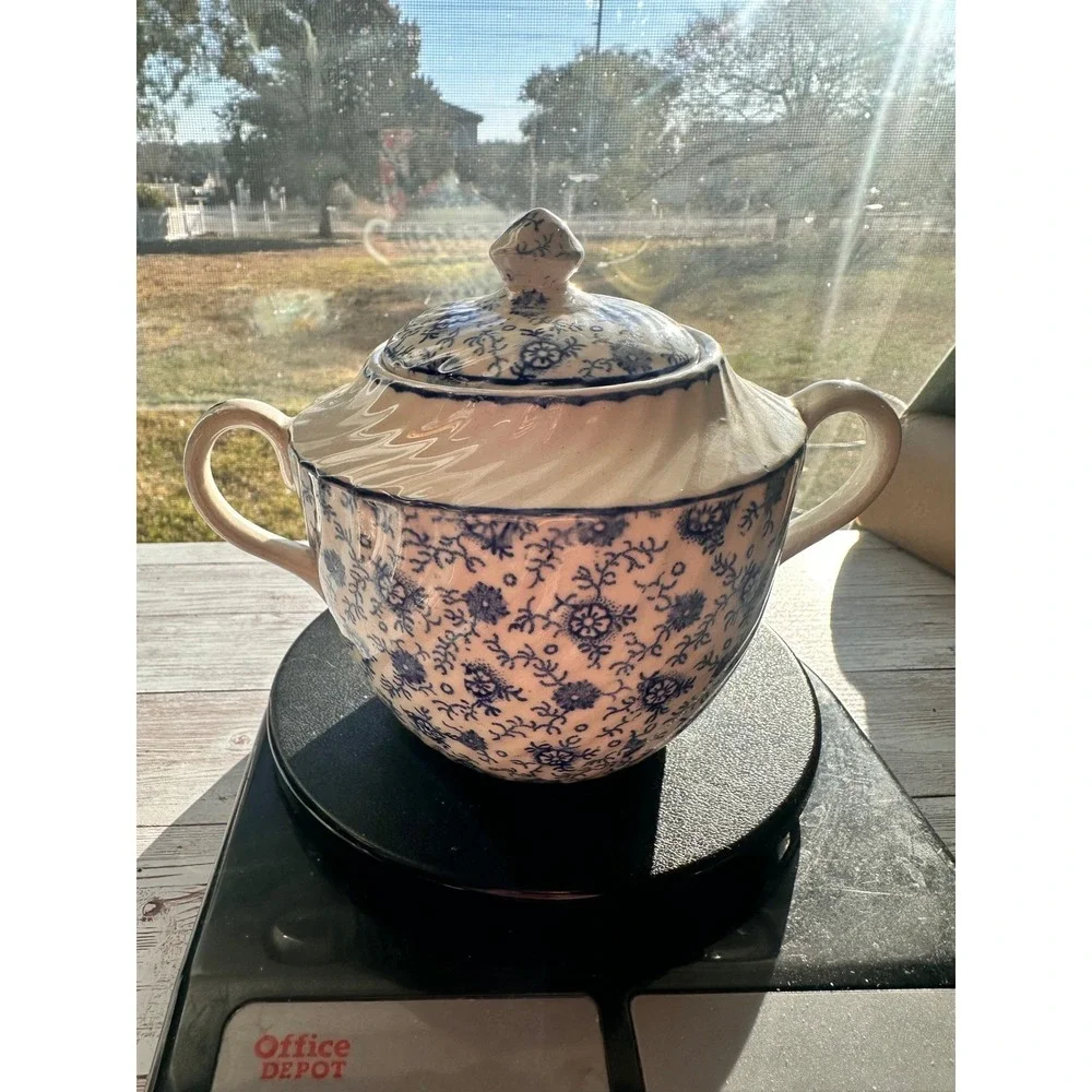 English Anchor Blue White Transferware Covered‎ Sugar Bowl England